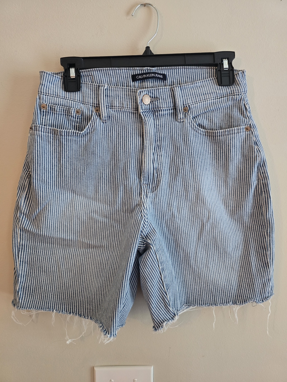 Calvin Klein Jeans Blue and White Striped High-Rise Denim Shorts